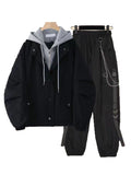 Spring New Streetwear Black 2 Piece Set Harajuku Loose Hooded Single Breasted Jacket+Handsome Cargo Pants Two Piece Outfits