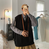 Sweater Vest Men Patchwork V-neck Colorful Shrug Chic Sleeveless Knitted Tops Mens Waistcoats Loose Oversize Harajuku All-match