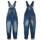 Spring Loose Jeans Overalls Men Bib Denim Jumpsuits Embroidery Large Size Straight Workwear Pants Blue Coverall Trousers