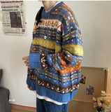 Men's Fashion Colorblock Knit Sweater Winter New Thickened Pullover Harajuku Round Neck Loose Shirt Jacket Men Korean Clothes