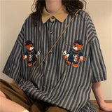 Vertical Striped Japanese Retro Short Sleeve Casual Shirts Men Couple Top Bear Print Button Up Shirt Summer Punk Style