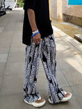 Vintage Ribbed Patchwork Leopard Pants Men Fashion Popular Loose Straight Trousers Spring Summer Mens Casual Waist Tie-up Pants