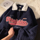 Winter Lamb Wool Hooded Sweatshirt Women Casual Thick Warm Loose Padded Jackets Coat  Hip-hop Retro Zip Up Patchwork Hoodies