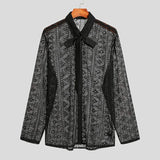 Foesce  Men Shirt Mesh Hollow Out Streetwear Lapel Lace Up Long Sleeve Shirts Sexy Transparent Party Fashion Camisas S-5XL