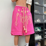 High Street Casual American Printing Loose Sports Shorts Summer New Breathable Waist Drawstring Fashion Slit Straight Pants