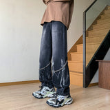 Men's Tie-dyed Straight Jeans Hip Hop Neutral Denim Trousers Loose Wide Leg Street Cargo Pants Man chain Baggy Jeans Large 5xl