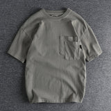 Foesce Solid short sleeve t-shirt men's double pocket loose shoulder Half Sleeve T-Shirt Top
