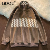 Spring Autumn Patchwork Fashion Plaid Y2K Sweatshirts Man Half Zip Harajuku Pullover Tops Oversized Chic Streetwear Male Clothes