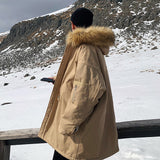Foesce Men Winter New Plus Long Warm Thick Plush Hood Jacket Coat Outwear Cargo Windbreaker Cashmere Lining Couple Pocket Parka