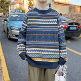 Men's Fashion Colorblock Knit Sweater Winter New Thickened Pullover Harajuku Round Neck Loose Shirt Jacket Men Korean Clothes
