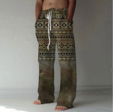 Men Drawstring Elastic Cotton Linen Trousers Casual Wide Leg Pant Male Summer Newest Vintage Print Loose Sport Pants Streetwear