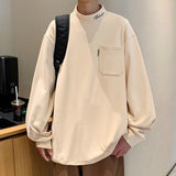 Foesce Men's Long T-shirts Half Turtleneck Embroidery Single Pocket Hoodie Loose Casual Couples Double Sided Velvet Material Sweatshirt