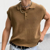 Leisure Solid Knitting Tops Men Sleeveless Buttoned Turn-down Collar Knit Vest Shirts Spring Summer Men's Clothing Fashion