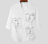 Men Shirt Printed Stand Collar 3/4 Sleeve Streetwear Casual Shirts Button Stylish Leisure Camisa Masculina S-3XL