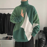 Men Turtleneck  Black White Stripes Harajuku Knitted Sweater Winter Vintage Knitwear Pullover Oversized Jumper Male Sweaters