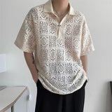 Vintage Button Lapel Men Shirts Fashion Hollow Out Jacquard Loose Shirt Tops 2023 Spring Summer Casual Clothes Mens Streetwear