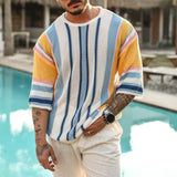 Mens Striped Knitted Sweater Pullover Tops Fashion O Neck Half Sleeve Street Blouse Summer Hollow Out Loose Casual Jacquard Tops