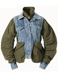 Loose Fit Green Denim Big Size Pleated Jacket New Lapel Long Sleeve Women Coat Fashion Tide Spring Autumn