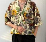 Hip Hop Men's Light Mature Summer Casual Blouse Shirt Fashion Versatile Loose Beach Flower Print Short Sleeve Tops for Man