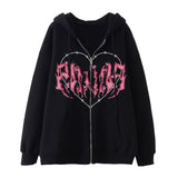 Y2k Zip Up Hoodie Women Hip Hop Heart Graffiti Letter Print Hooded Sweatshirts Female Harajuku Goth Punk Jacket Coats Streetwear