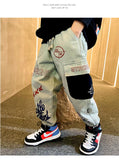 Boys KidsTrendy Letter Design Ribbon Trousers Pants Casual Cotton Multi-Pocket Cargo Pants Boy Hip Hop