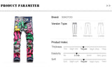 Men Colored Doodle Painted Denim Jeans Streetwear Punk Stretch Denim Print Pants Buttons Fly Holes Ripped Slim Pencil Trousers