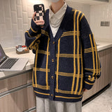 V Neck Knitted Cardigan for Men Casual Plaid Sweaters Korean Fashion Single-breasted Tops Mens Loose Knitwear Pullover