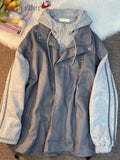American Hooded Varsity Jacket Men Spring Autumn Zipper Grey Patchwork Basball Uniform Coat Hong Kong Style Vintage Top