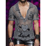 Foesce Sexy Hollow Out Knit Tops Mens Y2K Style Clothes Fashion Embroidery Loose V Neck Knitted Jumpers Pullover Men Vintage Streetwear