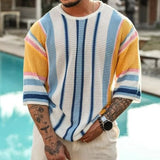 Butemoda Men's Fashion Colorful Striped Mesh thin Knitted Sweater mens summer pullover