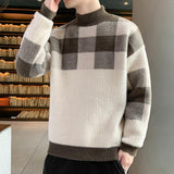 Fashion Half High Collar Knitted Spliced Lattice Korean Sweater Men's Clothing Autumn New Casual Pullovers Loose Warm Tops