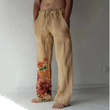 Men Drawstring Elastic Cotton Linen Trousers Casual Wide Leg Pant Male Summer Newest Vintage Print Loose Sport Pants Streetwear