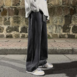 Foesce Drawstring Men's Vintage Jeans Solid Color Y2K Fashion Brand Loose Wide Leg Denim Pants Hip Hop Male Trousers
