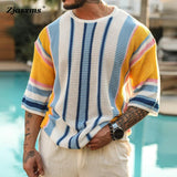 Mens Striped Knitted Sweater Pullover Tops Fashion O Neck Half Sleeve Street Blouse Summer Hollow Out Loose Casual Jacquard Tops