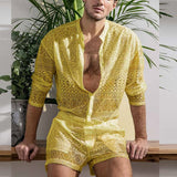 Foesce New Arrivals Men Set Summer Sexy See Through Lace Outfits Beach Fashion Short Sleeved Tops And Shorts Mens Two Piece Suits