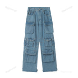 Y2K Style Multi-pocket Tooling Jeans Men's American Retro Street Harajuku Trousers Washed Mopping Pants Youth Clothing