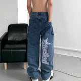 Foesce New Straight Jeans Trendy Brand Hiphop pringt Wide-leg Pants High Street Washed Mopping Loose Thick Denim Trousers fashion pants