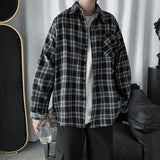 Korean Fashion Men Plaid Oversized Shirts Button Up Long Sleeve Tops Harajuku Shirts Men's Clothing Casual Vintage Cardigans Top