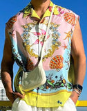 Men Hawaiian Shirts Printing Summer Lapel Sleeveless Vacation Casual Camisa Loose Breathable Streetwear Shirt 5XL