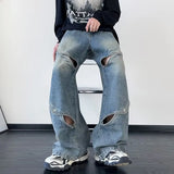 Foesce Cyber Y2K Fashion Hollow Out Baggy Jeans Pants For Men Clothing Straight Women Wide Leg Old Denim Trousers Vetements Homme