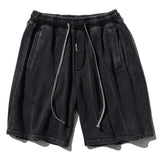 Summer New Distressed Shorts Men's Japanese Washed Retro Streetwear Black Loose Casual Drawstring Elastic Waist Short