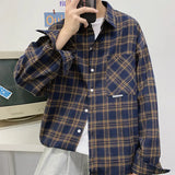 Foesce Spring Autumn Long Sleeve Shirts Men Casual Loose Turn Down Collar Plaid Shirt for Man