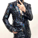 Black Magic Mirror Bright Leather Blazer Men Plus Performance Suit Jacket Soft Lacquer Leather Jacket Custom Nightclub