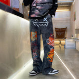 Foesce New Straight Jeans Trendy Brand Hiphop pringt Wide-leg Pants High Street Washed Mopping Loose Thick Denim Trousers fashion pants