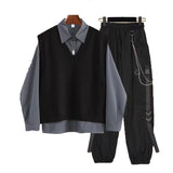 New Spring Autumn 3 Piece Set Women Streetwear Knitted Vest+Long Sleeve Shirt+Harajuku BF Loose Cargo Pants Women