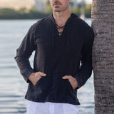 Fashion Solid Color Cotton Linen Shirts Tops Men Spring Summer Vintage Long Sleeve Drawstring V Neck Pullovers Mens Clothes