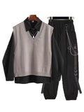 New Spring Autumn 3 Piece Set Women Streetwear Knitted Vest+Long Sleeve Shirt+Harajuku BF Loose Cargo Pants Women