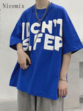 Flocking Klein Blue Shirt Vintage Embroidered Letters Short-sleeved T-shirt Summer Trend Hong Kong Style Y2K T-shirt Streetwear