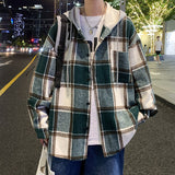Winter College Style Plaid Hooded Jacket  Men Loose Fashion Woolen Fabric Male Hip Hop Thick Korean Couple Woolen Coat New