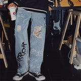 Wholesale Fashion Teenagers Loose Straight Washed Blue Denim Jeans Male Korean Ripped Hole Graffiti Ankle Length Pants